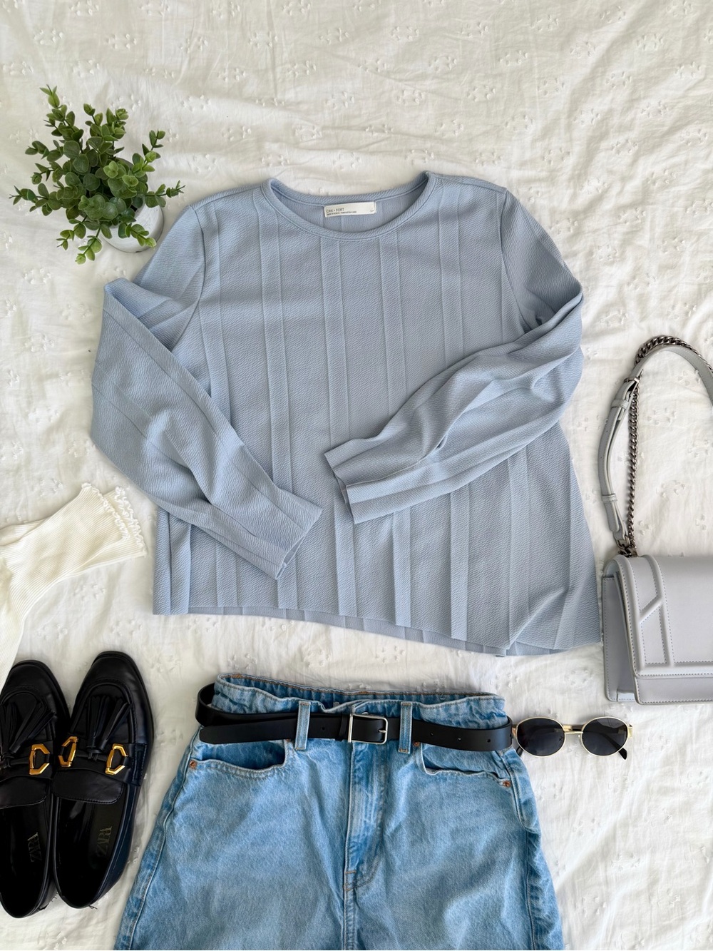 OAK + FORT Pale Blue Ribbed Long-Sleeve Top